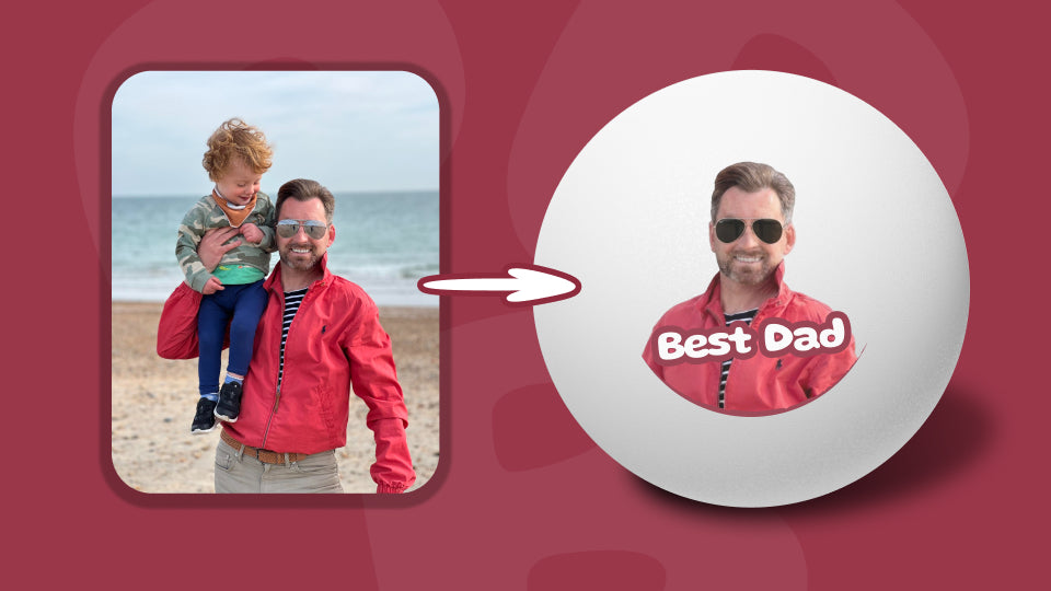 Example showing how photo of a dad holding his son become custom printed Ping-Pong® balls through Personalized+