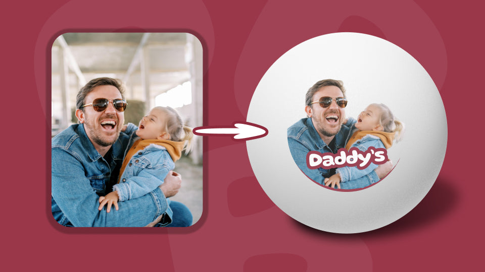 Example showing how photo of dad and his daughter become custom printed Ping-Pong® balls through Personalized+