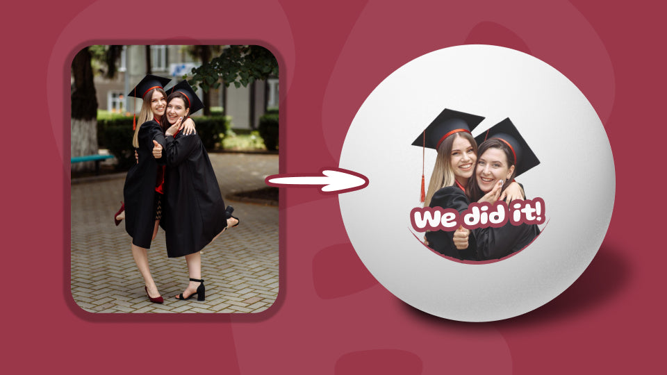 Example showing how photo of two graduated girls become custom printed Ping-Pong® balls through Personalized+