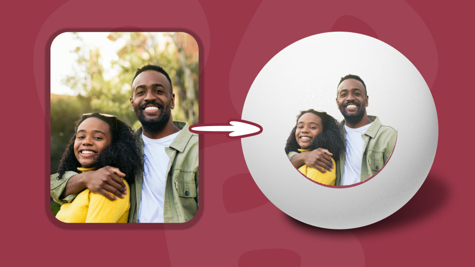 Example showing how a photo of a couple become custom printed Ping-Pong® balls through Personalized+