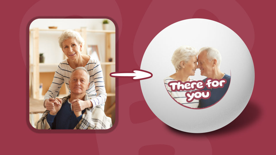 Example showing how a photo of old married couple become custom printed Ping-Pong® balls through Personalized+
