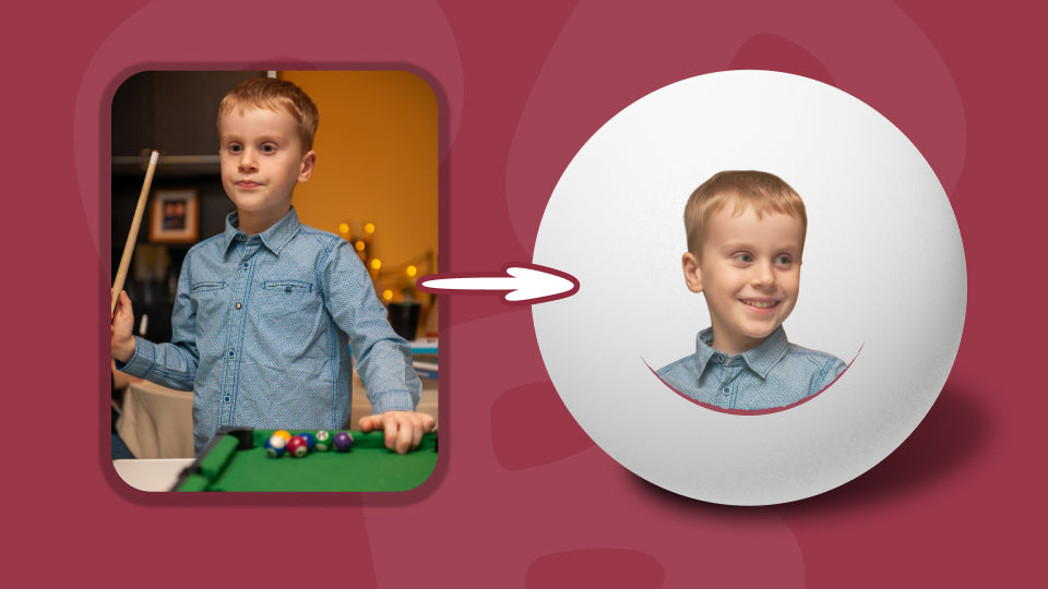 Example showing how a photo of a kid become custom printed Ping-Pong® balls through Personalized+