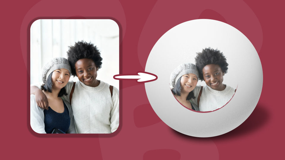 Example showing how photo of two friends become custom printed Ping-Pong® balls through Personalized+