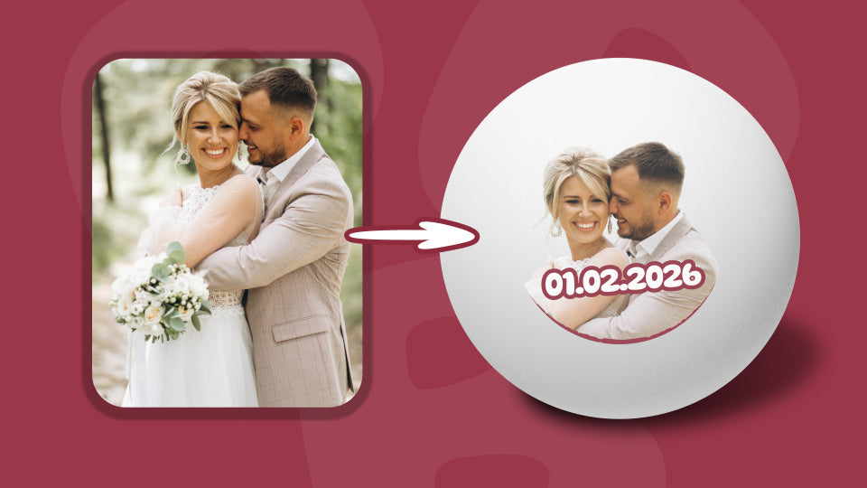 Example showing how photo of a married couple become custom printed Ping-Pong® balls through Personalized+